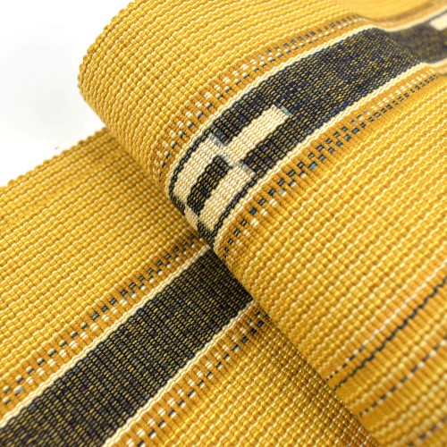 綿 半幅帯 ミンサー 藍染 いつの世も 蒼に黄色 逸品 沖縄 伝統的工芸品 読谷山ミンサー 花織 木綿 半幅帯 水色×黄色